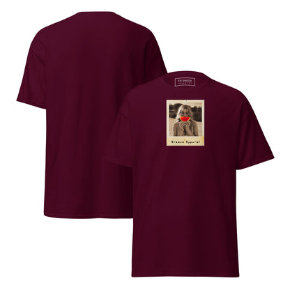 Maroon t-shirt with graphic of woman holding a watermelon slice in front of her mouth. Plain back of shirt is also shown.
