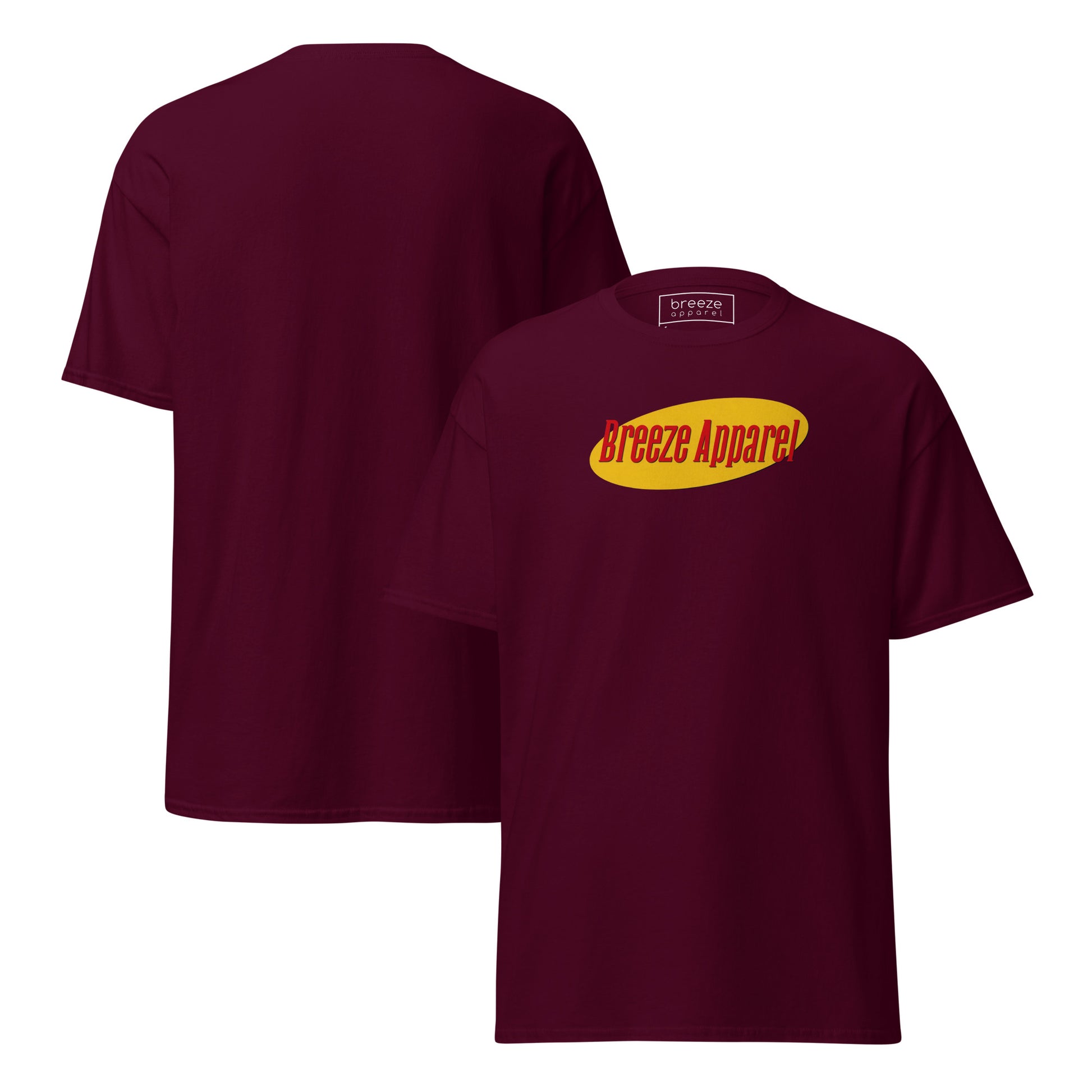 Maroon t-shirt with graphic of 'Breeze Apparel' in red lettering over a yellow oval. Plain back also shown.