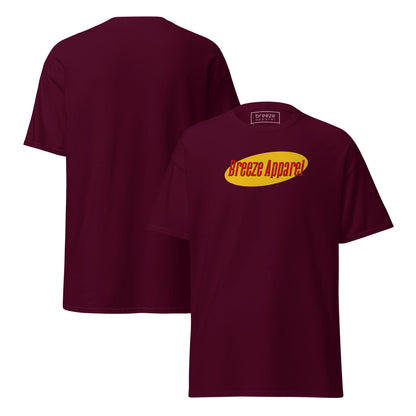 Maroon t-shirt with graphic of 'Breeze Apparel' in red lettering over a yellow oval. Plain back also shown.