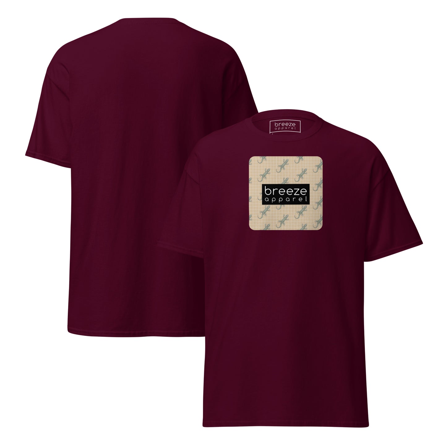 Maroon t-shirt with square over chest that contains pattern of green geckos set on beige background, overlaid with black, rectangular logo with white lettering. Plain backside also shown.