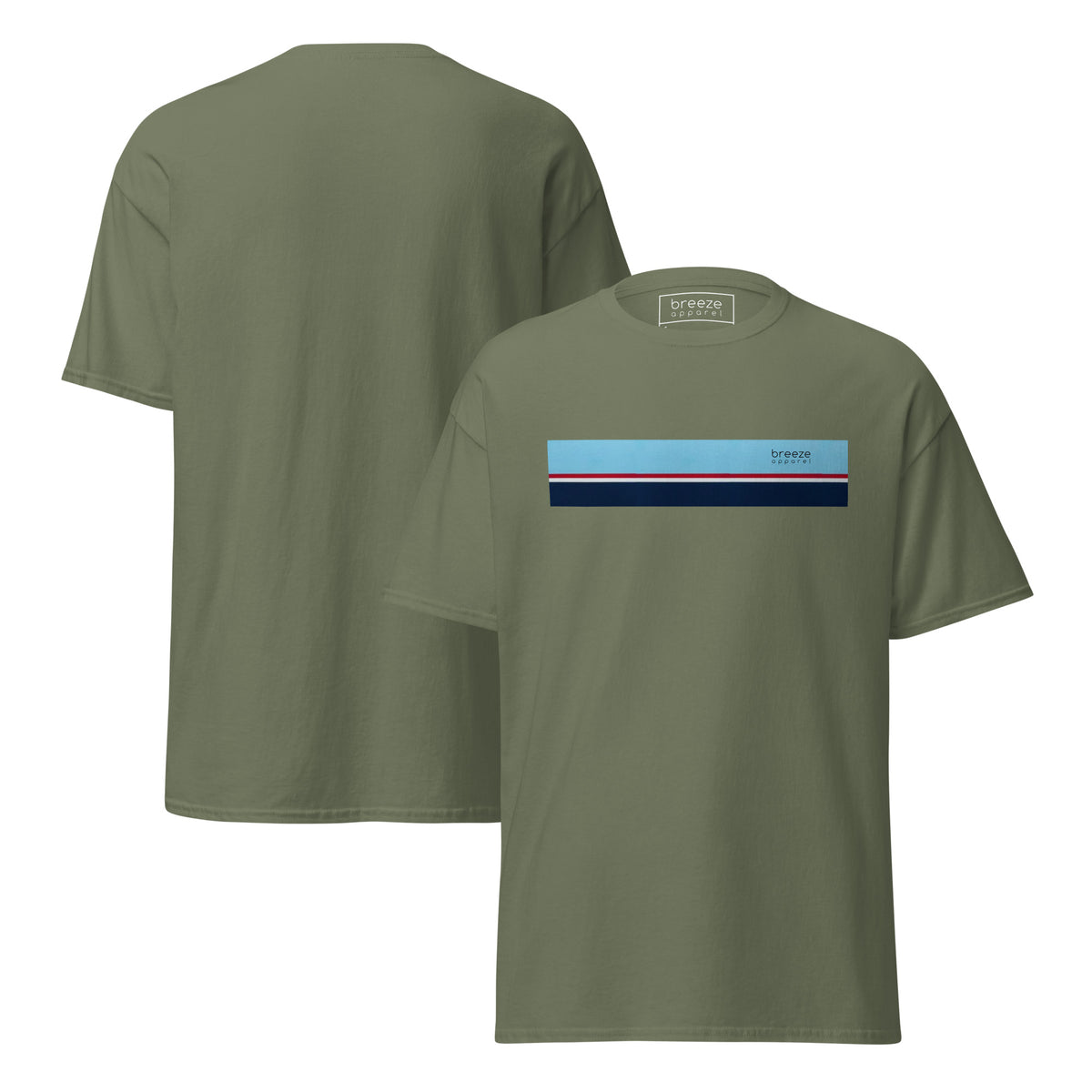 Military-green t-shirt with horizontal blue, red, white, and navy stripe with small black 'breeze apparel' logo. Plain backside also shown.