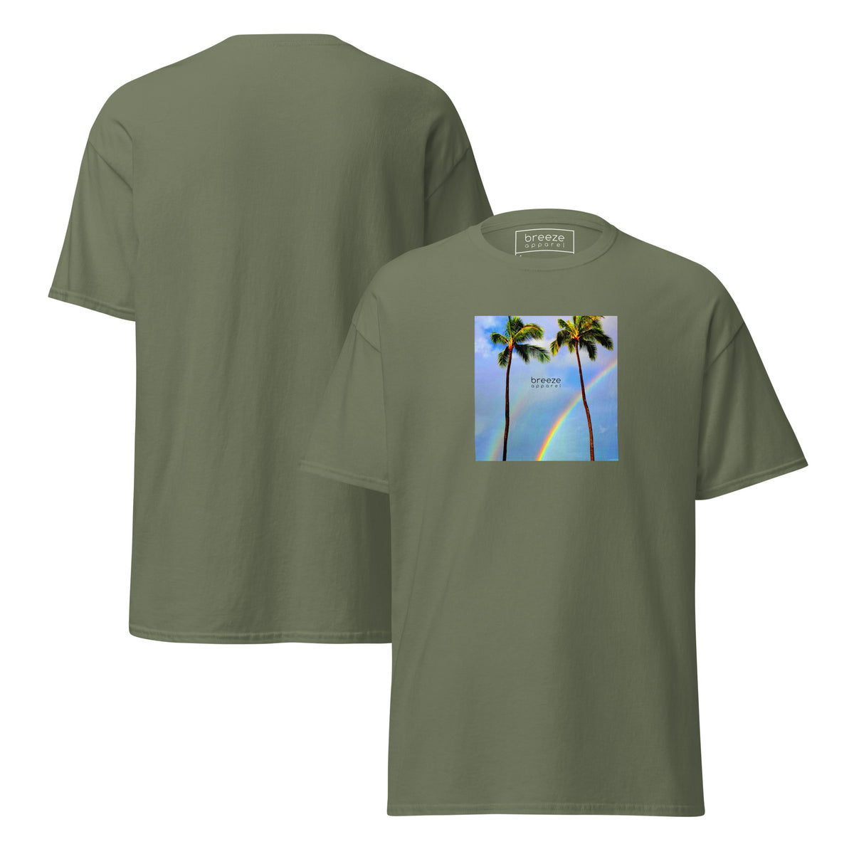 Military-green t-shirt with a graphic of palm trees, rainbow, and a clear blue sky in the background. A small, black 'breeze apparel' logo is between the trees. Plain backside also shown.