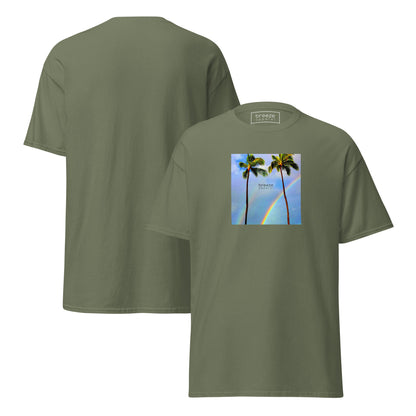 Military-green t-shirt with a graphic of palm trees, rainbow, and a clear blue sky in the background. A small, black 'breeze apparel' logo is between the trees. Plain backside also shown.