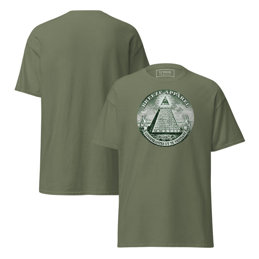 Green t-shirt with graphic resembling pyramid from US one-dollar bill. Plain back of shirt also shown.