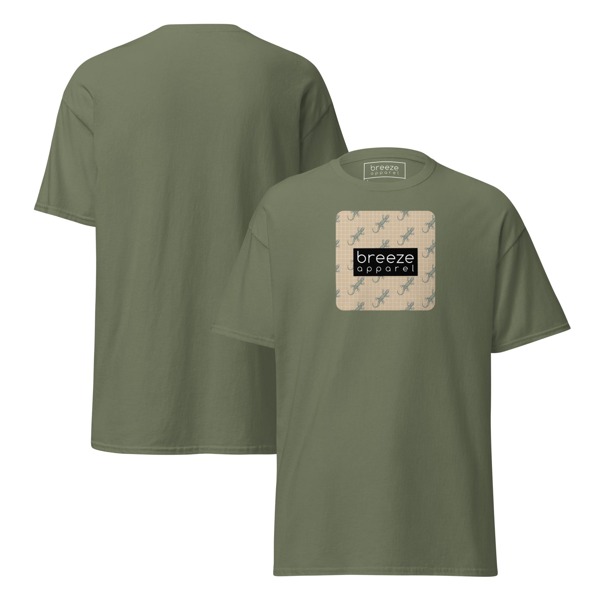 Green t-shirt with square over chest that contains pattern of green geckos set on beige background, overlaid with black, rectangular logo with white lettering. Plain backside also shown.