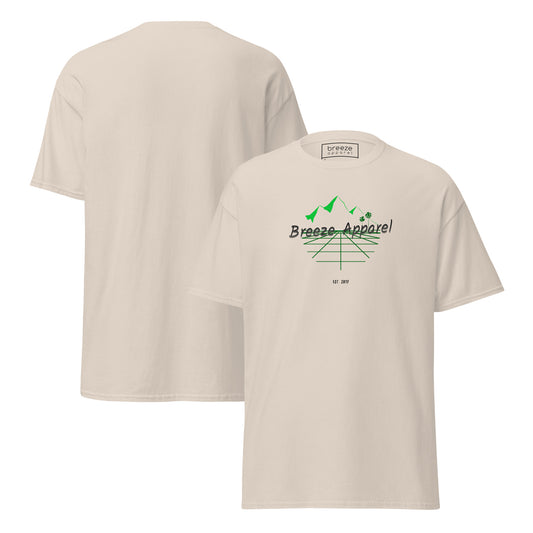 Light-beige t-shirt with 'Breeze Apparel' logo set on a graphic of a grid, palm trees, and mountains. Plain backside also shown.