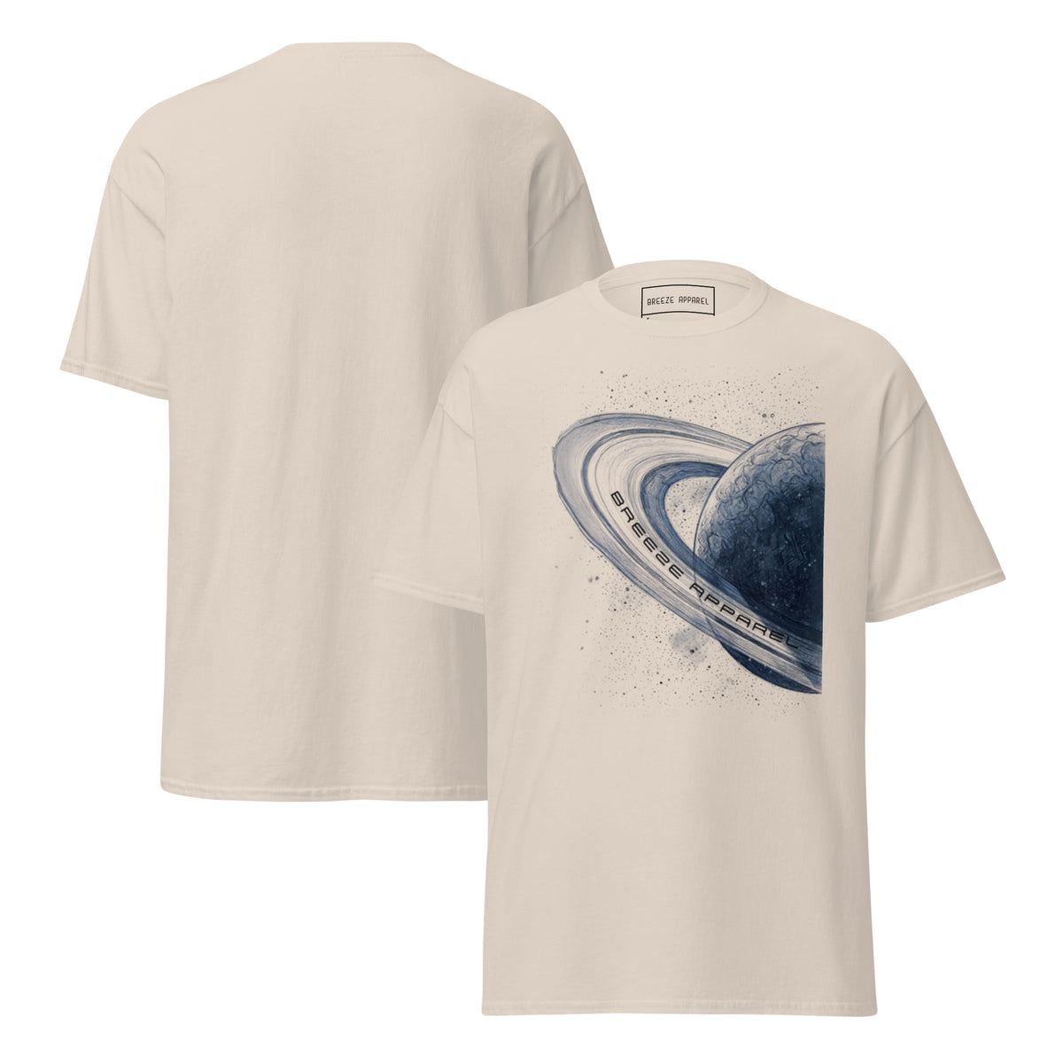 Beige t-shirt with graphic of blue planet. Plain back also shown.