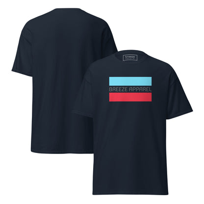 Navy t-shirt with gray 'Breeze Apparel' logo between horizontal bars, the top being light blue and the bottom being red. Plain backside also shown.