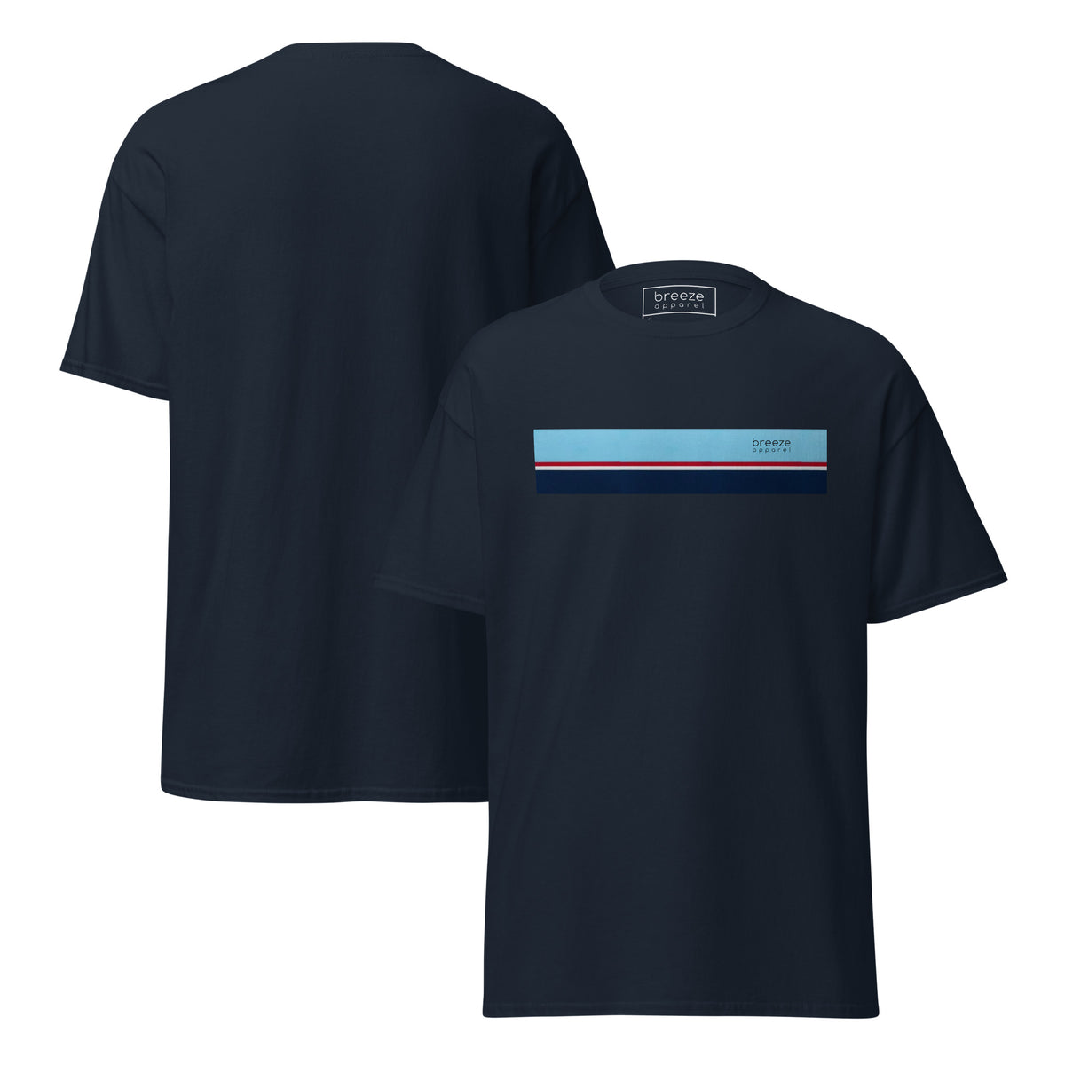 Navy t-shirt with horizontal blue, red, white, and navy stripe with small black 'breeze apparel' logo. Plain backside also shown.