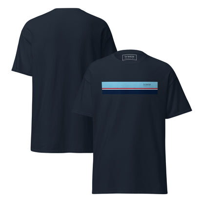 Navy t-shirt with horizontal blue, red, white, and navy stripe with small black 'breeze apparel' logo. Plain backside also shown.