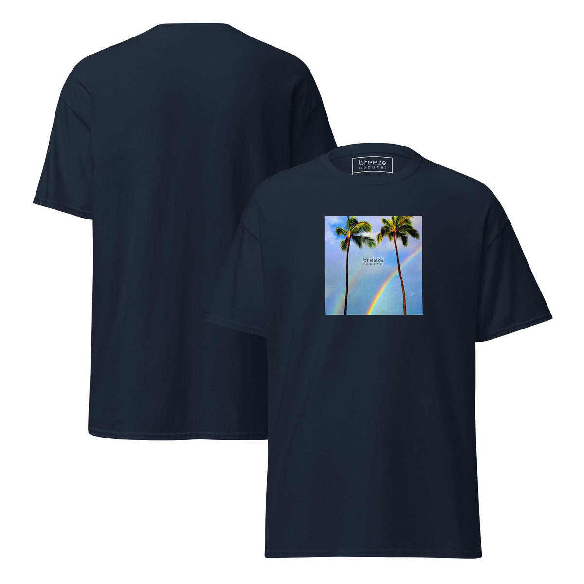 Navy t-shirt with a graphic of palm trees, rainbow, and a clear blue sky in the background. A small, black 'breeze apparel' logo is between the trees. Plain backside also shown.