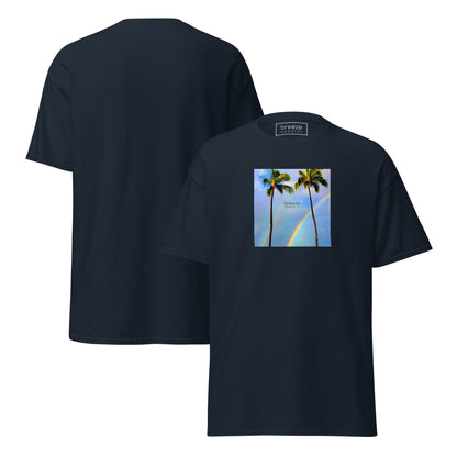 Navy t-shirt with a graphic of palm trees, rainbow, and a clear blue sky in the background. A small, black 'breeze apparel' logo is between the trees. Plain backside also shown.
