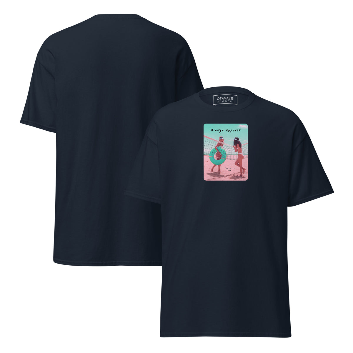 Navy t-shirt with graphic of two women on beach. Plain back also shown.