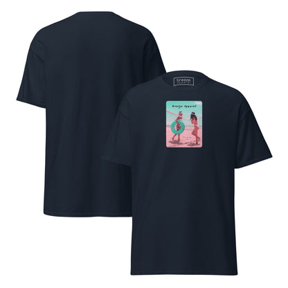 Navy t-shirt with graphic of two women on beach. Plain back also shown.