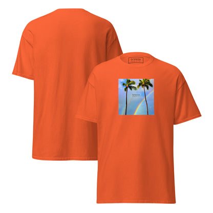 Orange t-shirt with a graphic of palm trees, rainbow, and a clear blue sky in the background. A small, black 'breeze apparel' logo is between the trees. Plain backside also shown.
