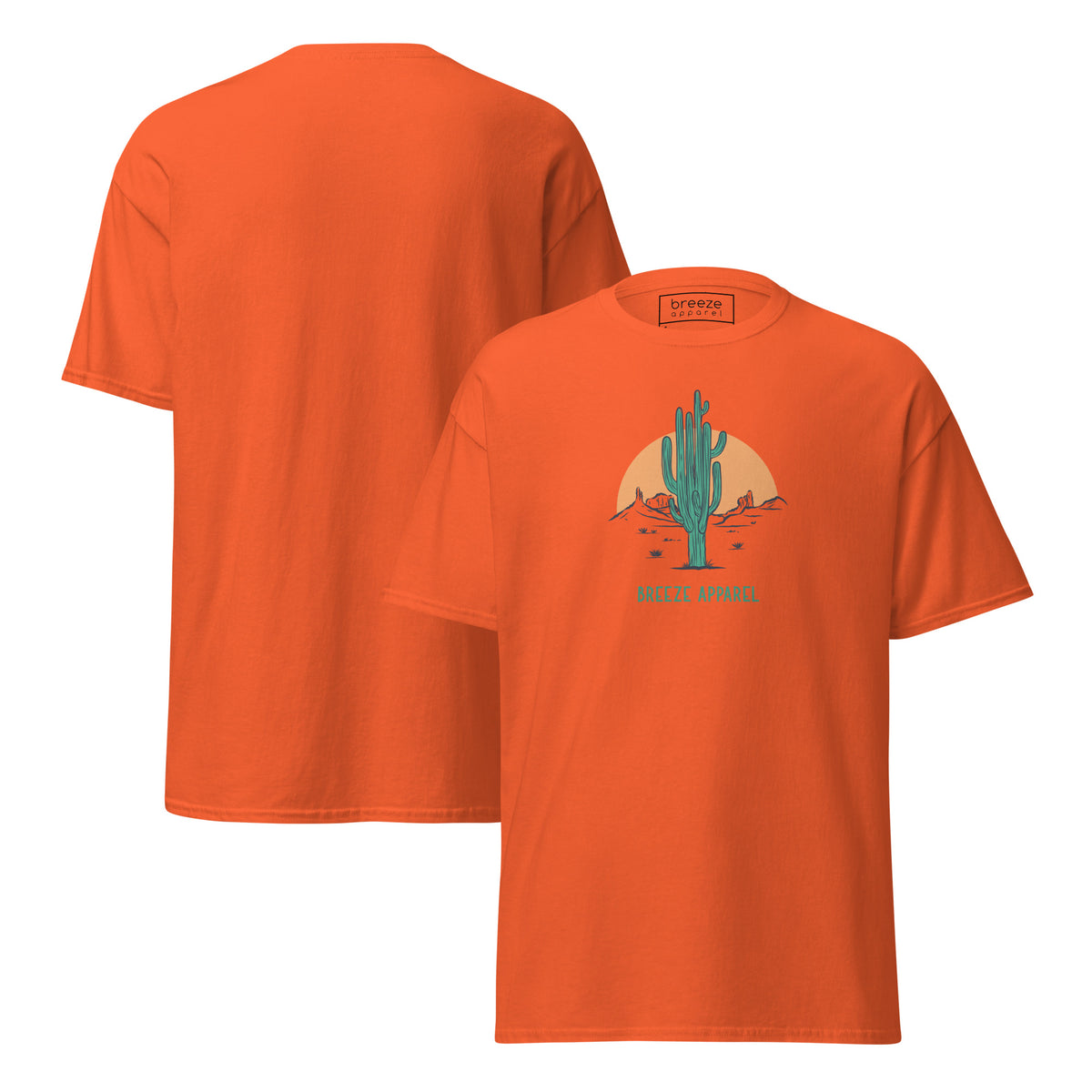 Orange t-shirt with a graphic of a cactus and sunset, with 'Breeze Apparel' written in green below. Plain backside also shown.