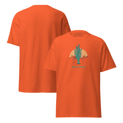 Orange t-shirt with a graphic of a cactus and sunset, with 'Breeze Apparel' written in green below. Plain backside also shown.