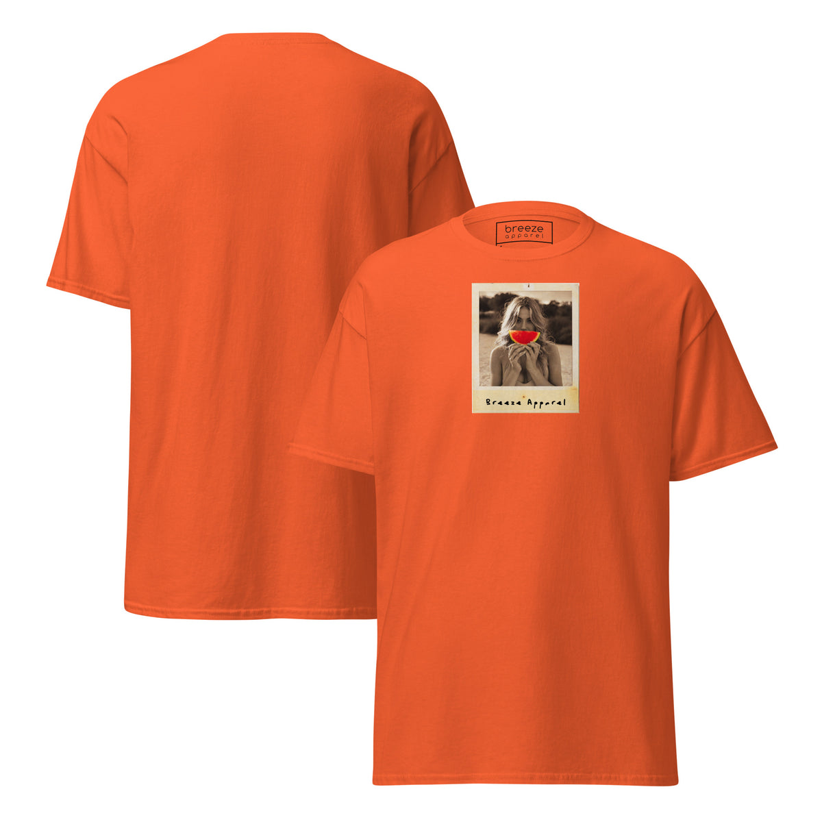 Orange t-shirt with graphic of woman holding a watermelon slice in front of her mouth. Plain back of shirt is also shown.