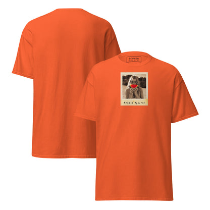 Orange t-shirt with graphic of woman holding a watermelon slice in front of her mouth. Plain back of shirt is also shown.