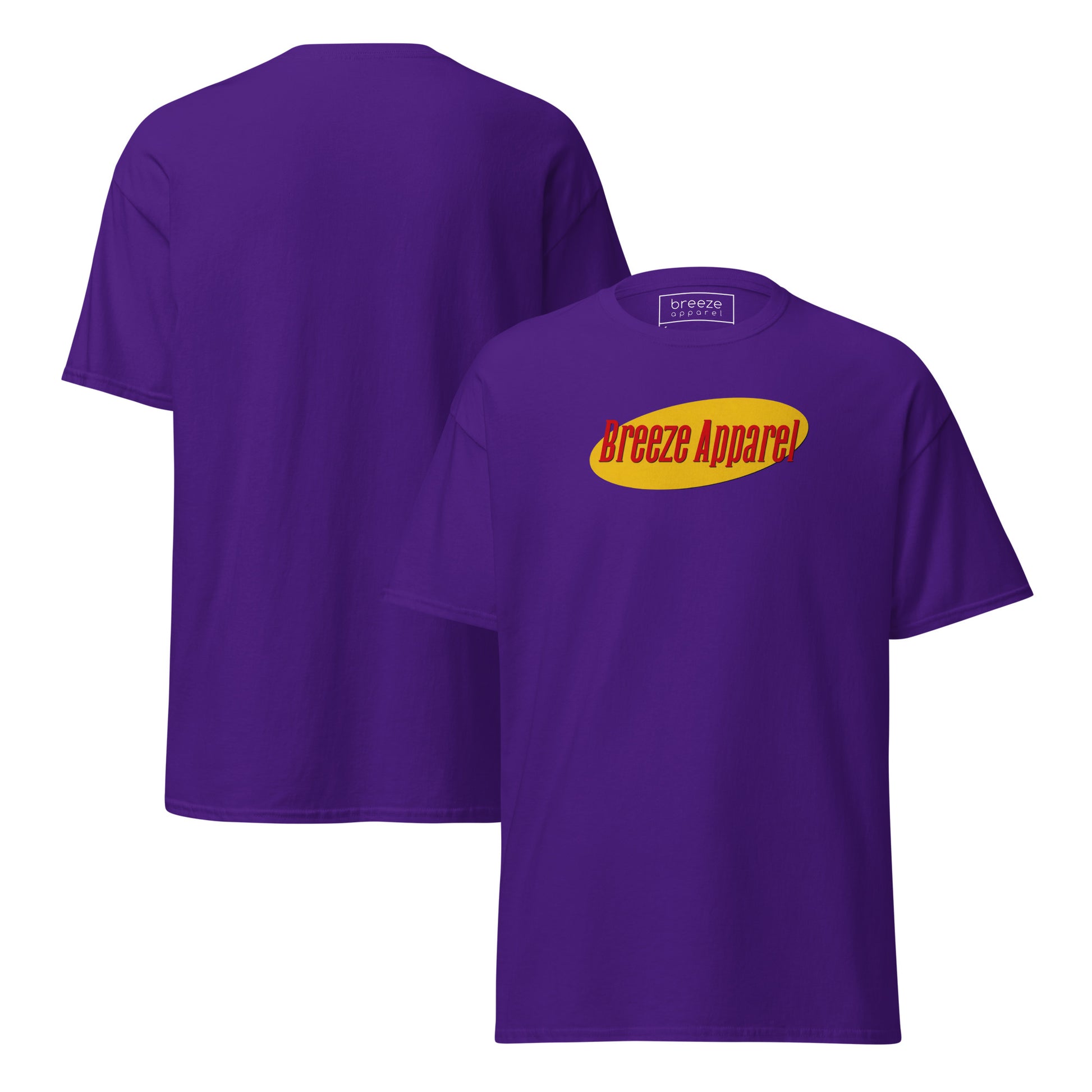 Purple t-shirt with graphic of 'Breeze Apparel' in red lettering over a yellow oval. Plain back also shown.