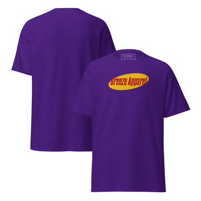 Purple t-shirt with graphic of 'Breeze Apparel' in red lettering over a yellow oval. Plain back also shown.
