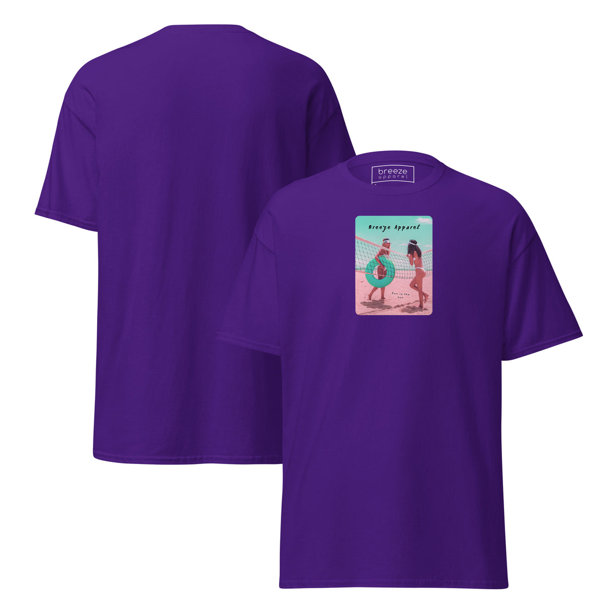 Purple t-shirt with graphic of two women on beach. Plain back also shown.