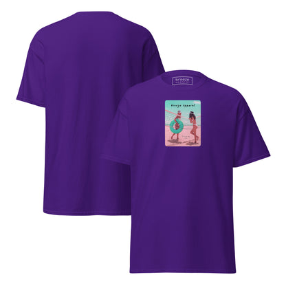Purple t-shirt with graphic of two women on beach. Plain back also shown.