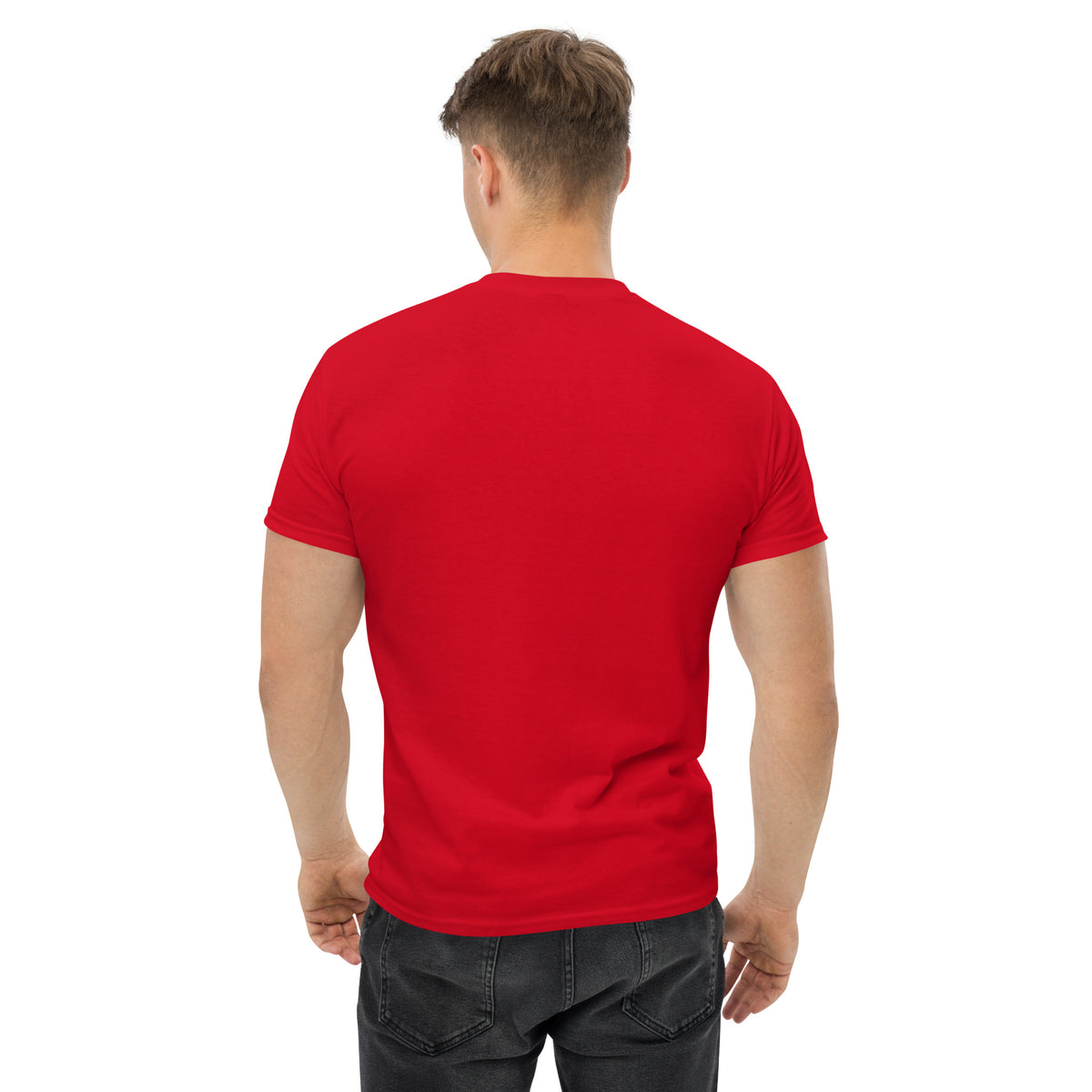 Rear view of man wearing red t-shirt