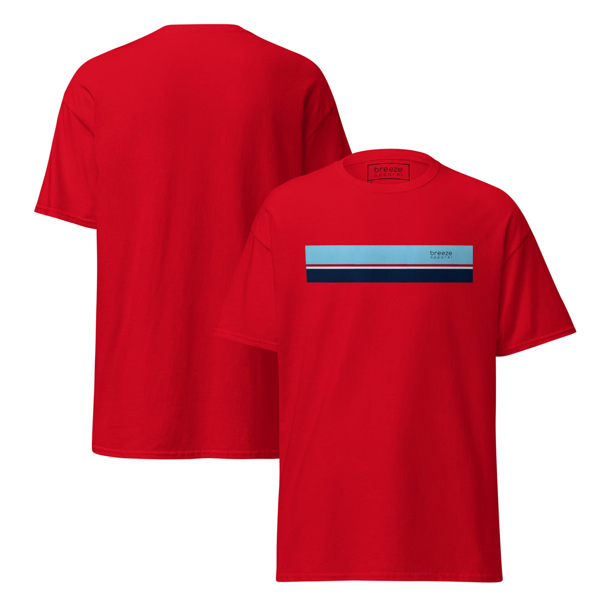 Red t-shirt with horizontal blue, red, white, and navy stripe with small black 'breeze apparel' logo. Plain backside also shown.