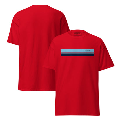 Red t-shirt with horizontal blue, red, white, and navy stripe with small black 'breeze apparel' logo. Plain backside also shown.