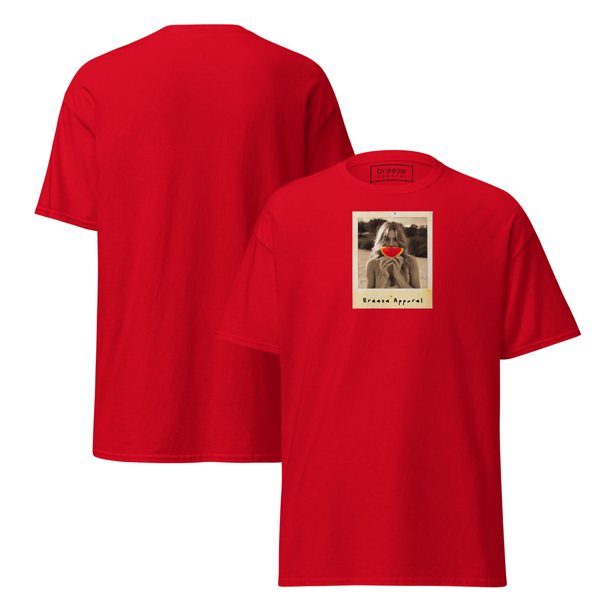 Red t-shirt with graphic of woman holding a watermelon slice in front of her mouth. Plain back of shirt is also shown.
