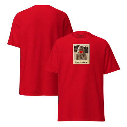 Red t-shirt with graphic of woman holding a watermelon slice in front of her mouth. Plain back of shirt is also shown.