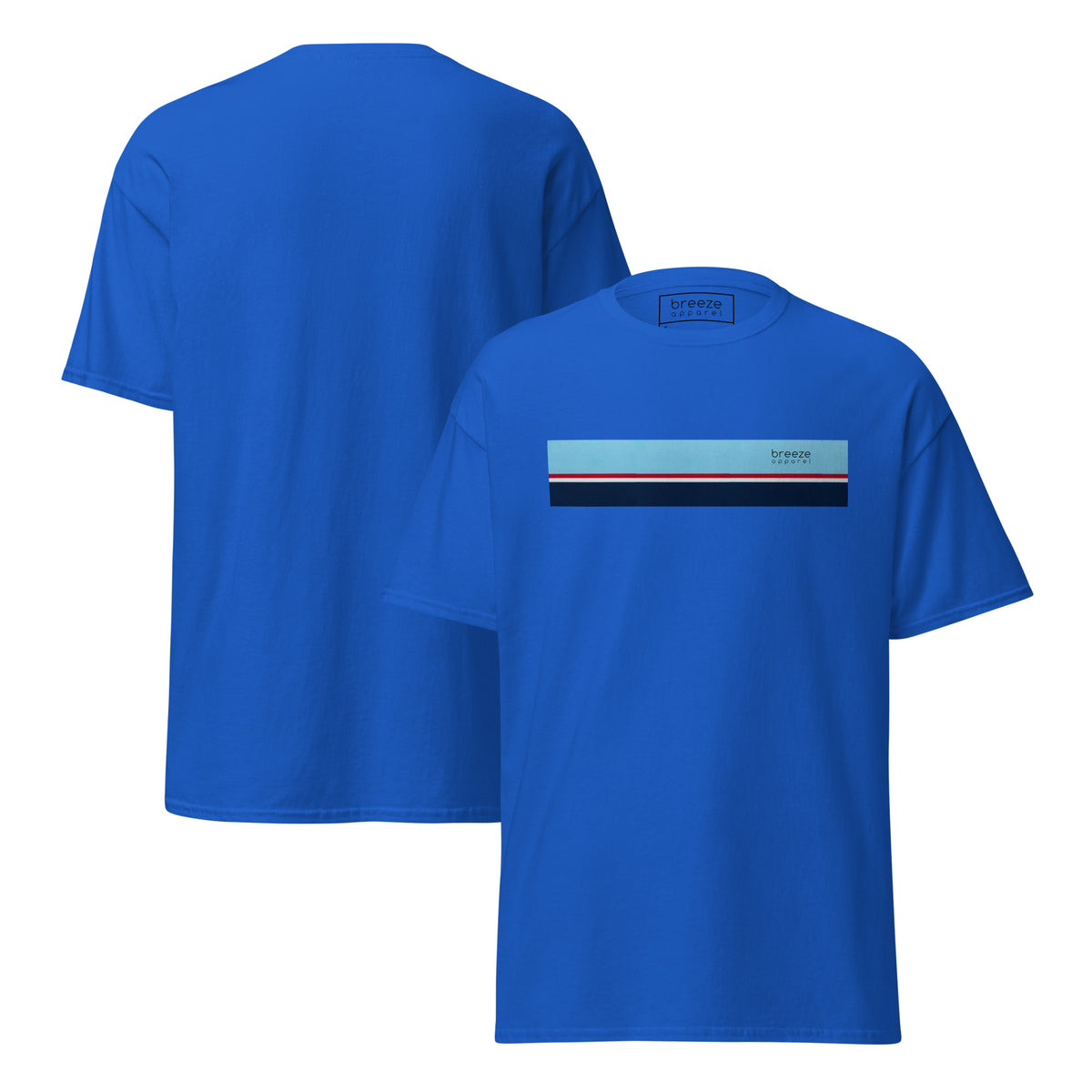 Royal-blue t-shirt with horizontal blue, red, white, and navy stripe with small black 'breeze apparel' logo. Plain backside also shown.