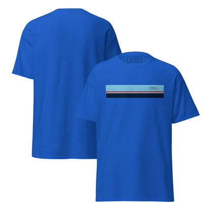 Royal-blue t-shirt with horizontal blue, red, white, and navy stripe with small black 'breeze apparel' logo. Plain backside also shown.