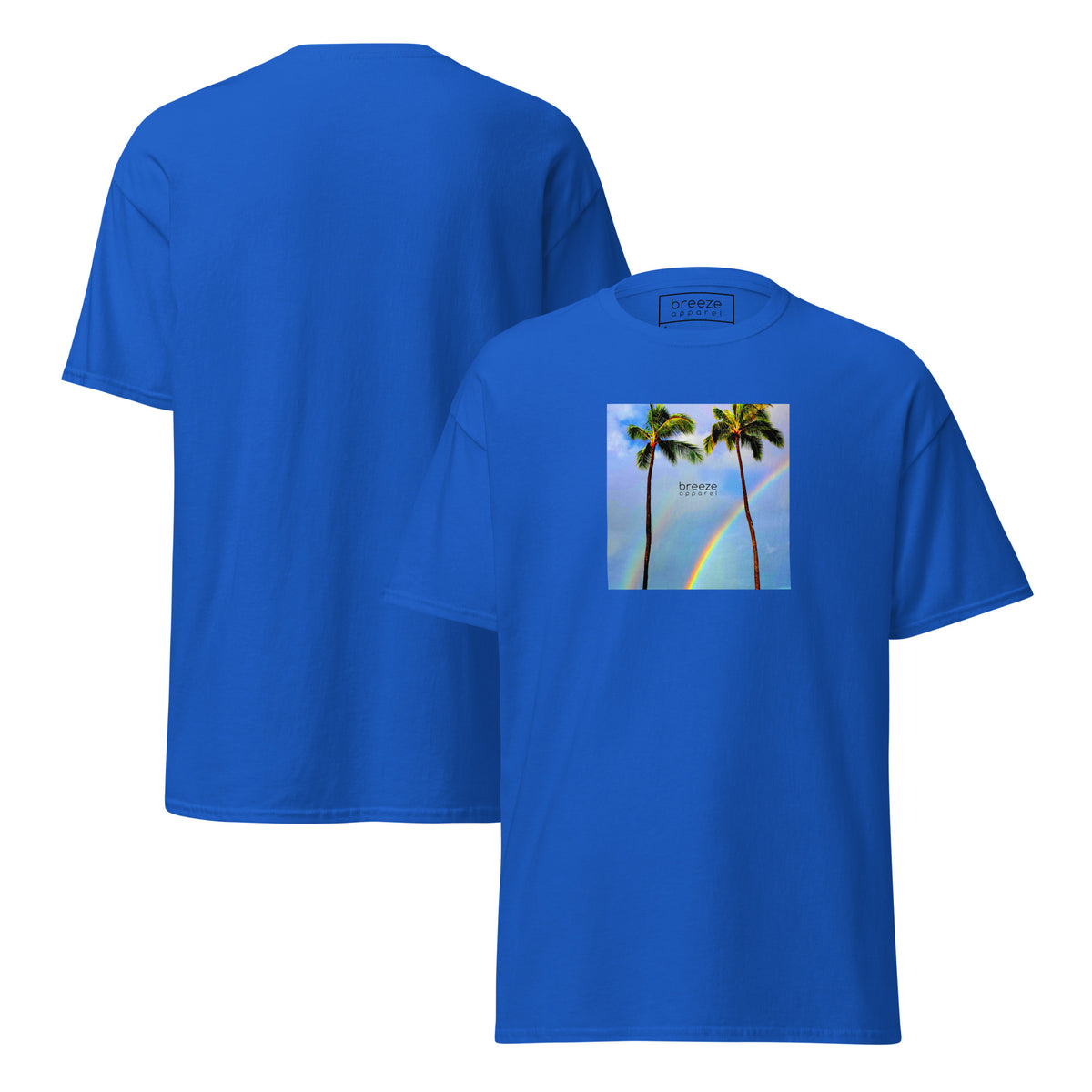 Royal-blue t-shirt with a graphic of palm trees, rainbow, and a clear blue sky in the background. A small, black 'breeze apparel' logo is between the trees. Plain backside also shown.
