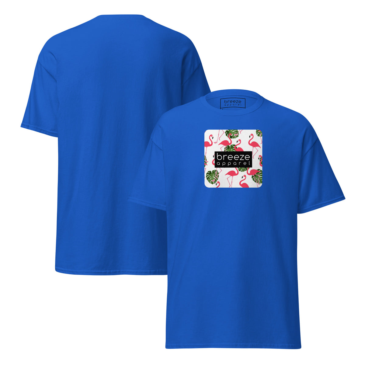 Blue t-shirt with pattern of flamingos inside of a square, overlaid with a black box with 'breeze apparel' in white inside. Plain backside also shown.