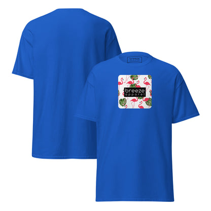 Blue t-shirt with pattern of flamingos inside of a square, overlaid with a black box with 'breeze apparel' in white inside. Plain backside also shown.