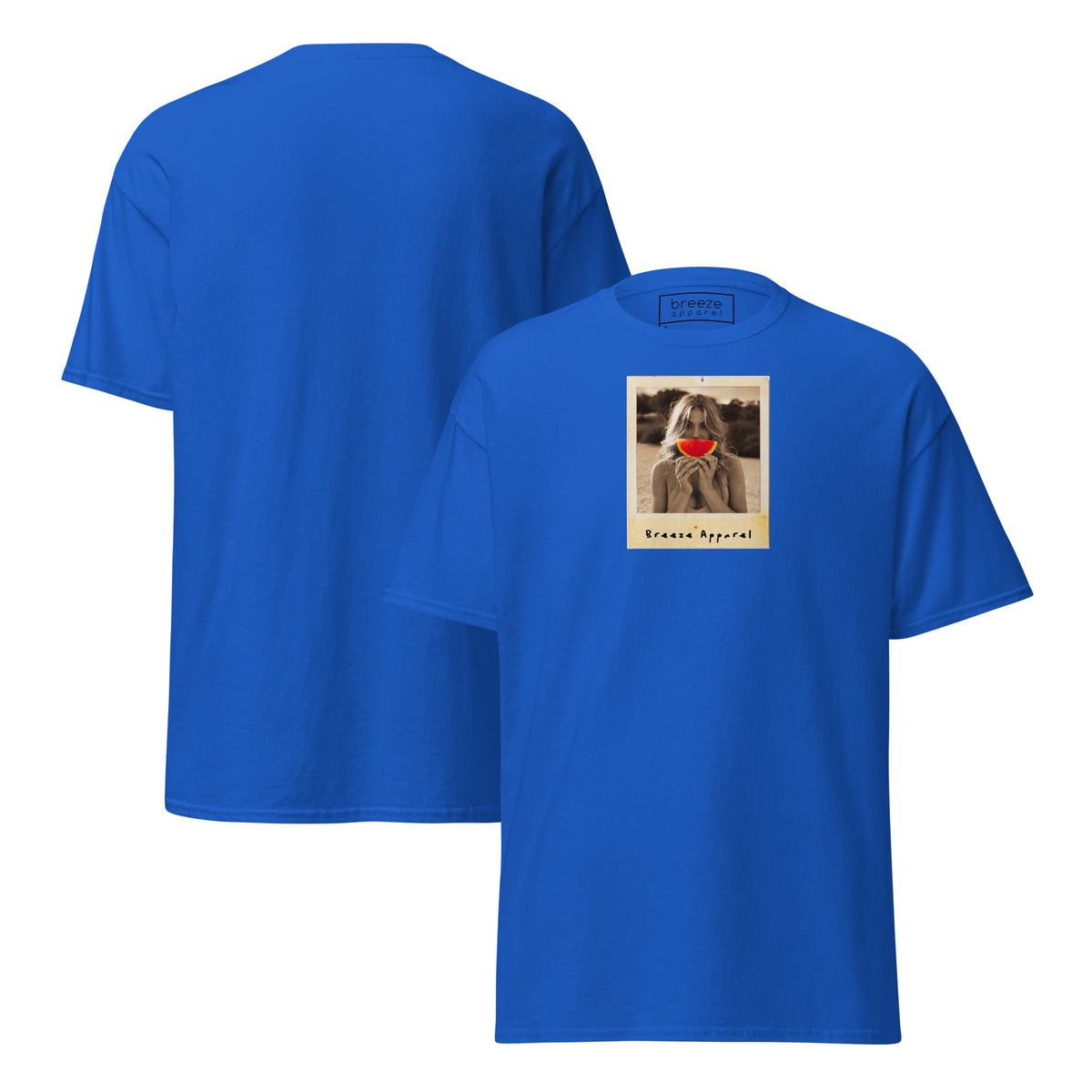 Blue t-shirt with graphic of woman holding a watermelon slice in front of her mouth. Plain back of shirt is also shown.