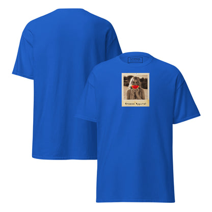 Blue t-shirt with graphic of woman holding a watermelon slice in front of her mouth. Plain back of shirt is also shown.