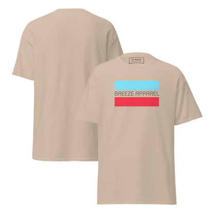 Sand t-shirt with gray 'Breeze Apparel' logo between horizontal bars, the top being light blue and the bottom being red. Plain backside also shown.