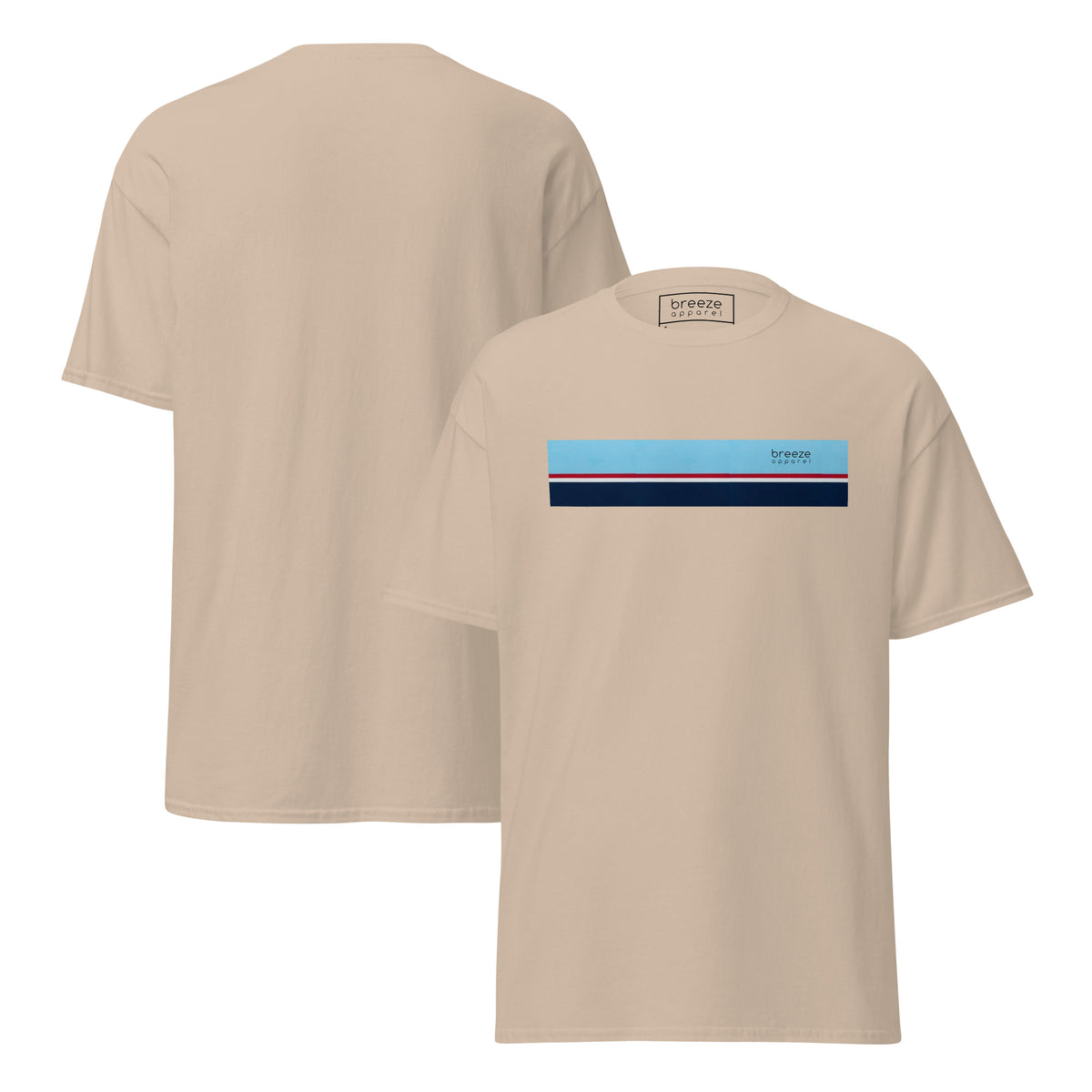 Sand t-shirt with horizontal blue, red, white, and navy stripe with small black 'breeze apparel' logo. Plain backside also shown.