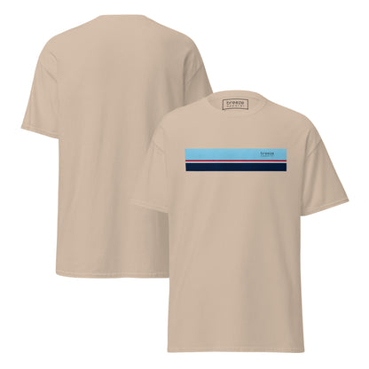 Sand t-shirt with horizontal blue, red, white, and navy stripe with small black 'breeze apparel' logo. Plain backside also shown.