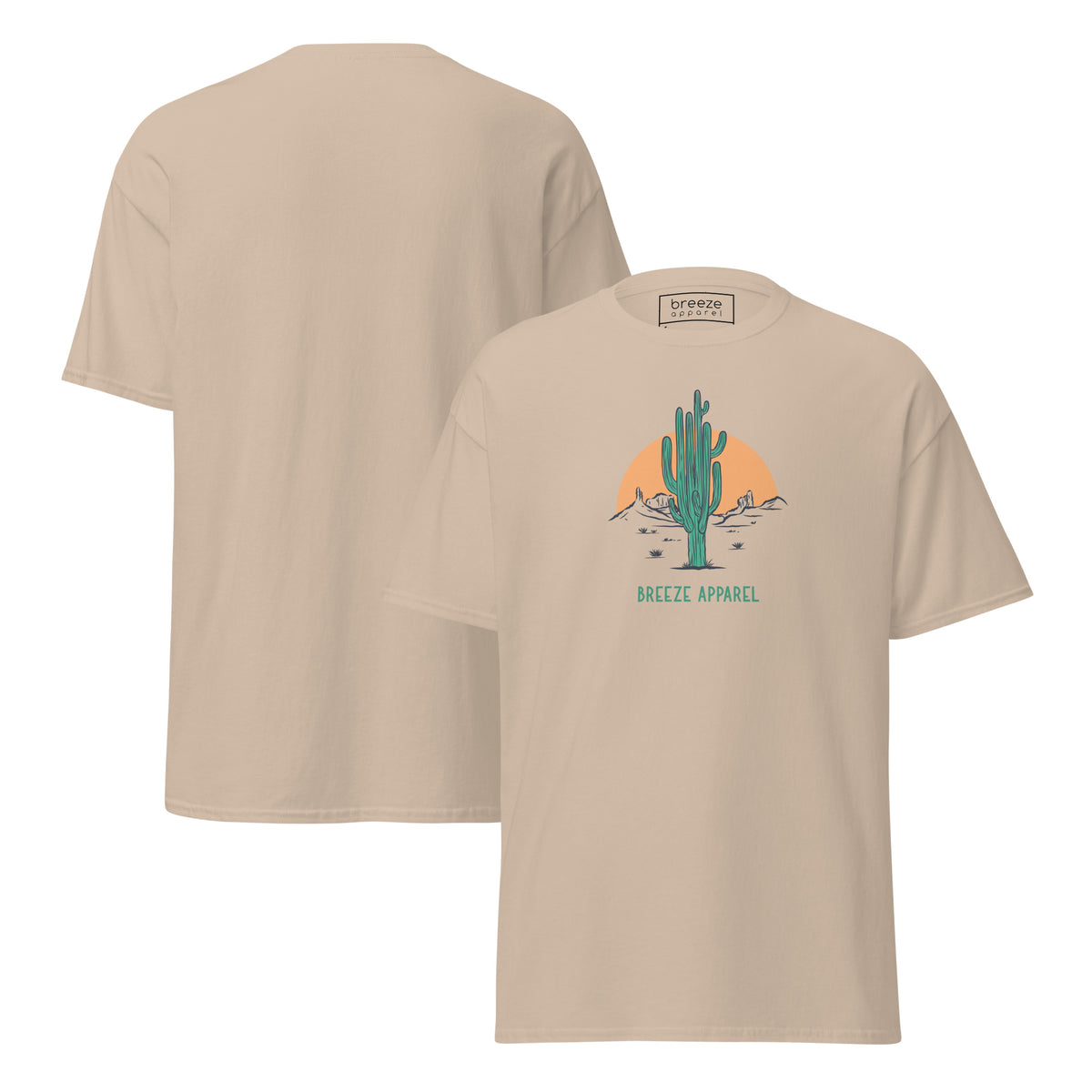 Sand t-shirt with a graphic of a cactus and sunset, with 'Breeze Apparel' written in green below. Plain backside also shown.