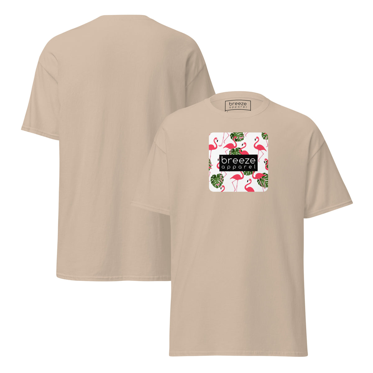 Beige t-shirt with pattern of flamingos inside of a square, overlaid with a black box with 'breeze apparel' in white inside. Plain backside also shown.