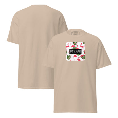 Beige t-shirt with pattern of flamingos inside of a square, overlaid with a black box with 'breeze apparel' in white inside. Plain backside also shown.