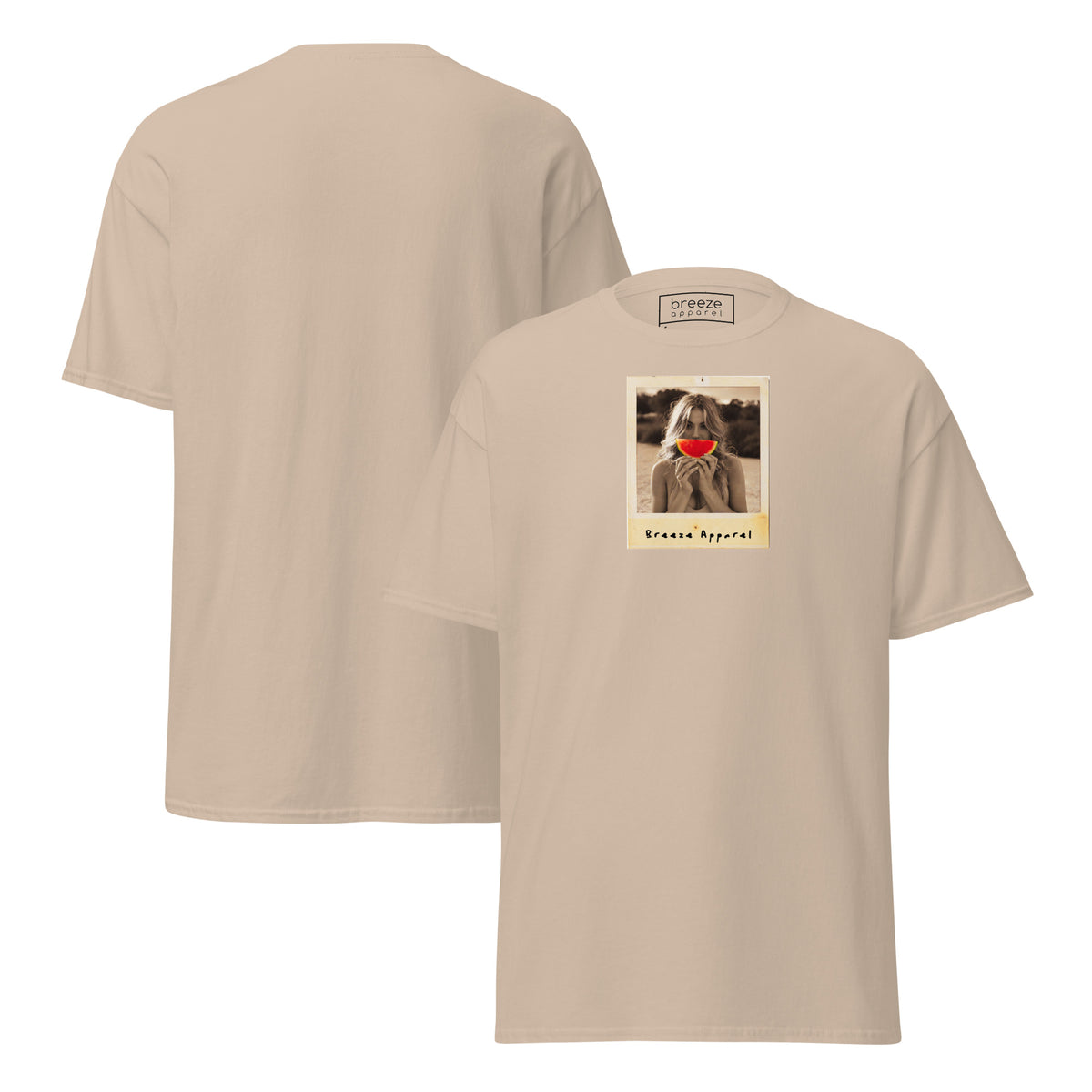 Beige t-shirt with graphic of woman holding a watermelon slice in front of her mouth. Plain back of shirt is also shown.