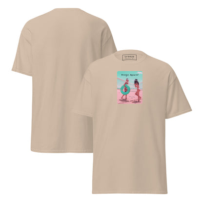 Beige t-shirt with graphic of two women on beach. Plain back also shown.