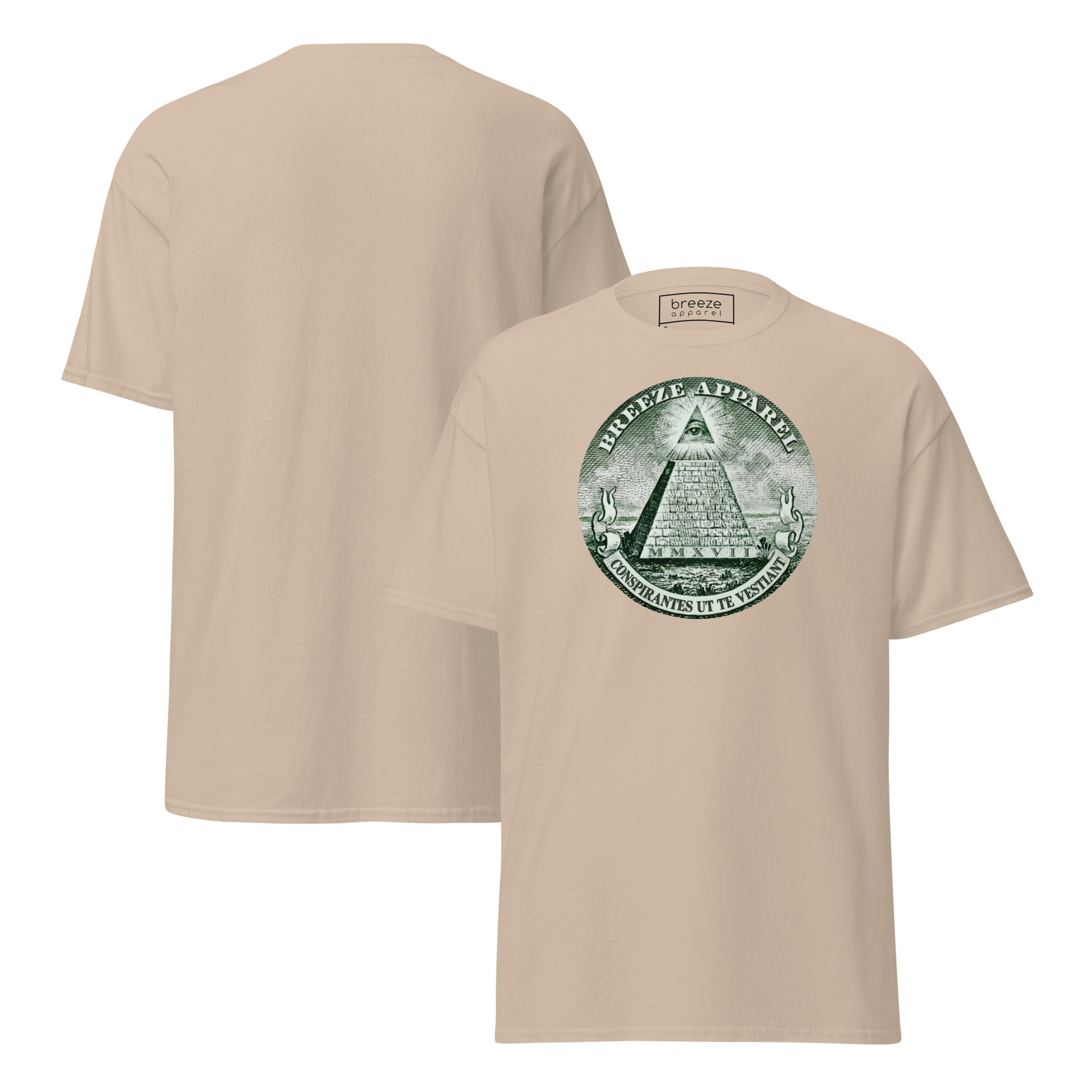 Beige t-shirt with graphic resembling pyramid from US one-dollar bill. Plain back of shirt also shown.