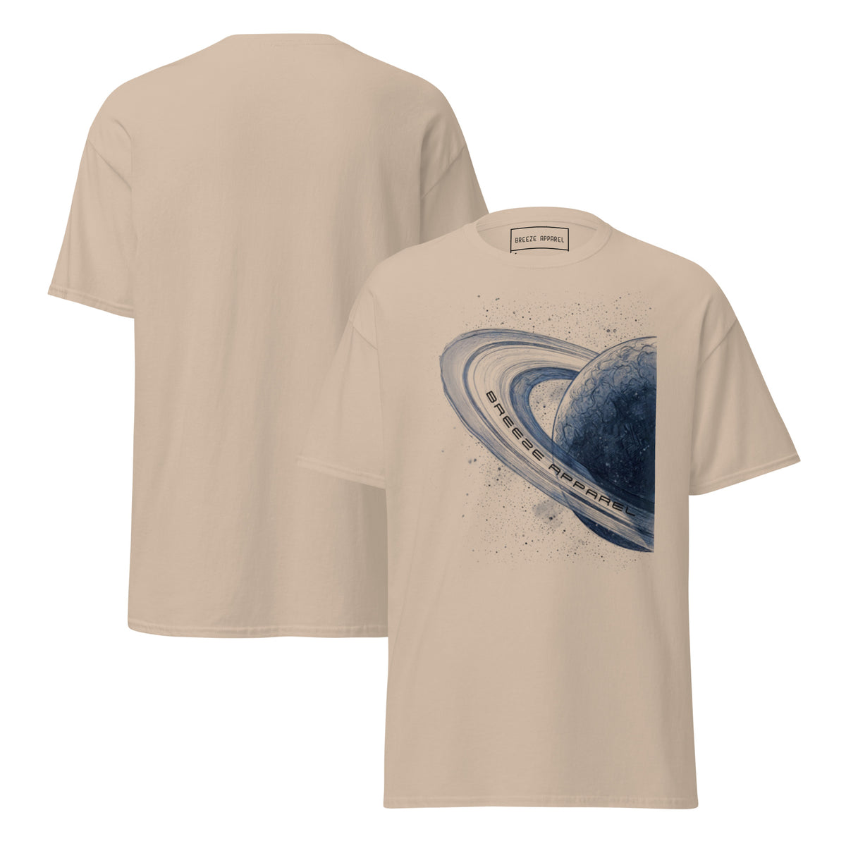 Beige t-shirt with graphic of blue planet. Plain back also shown.