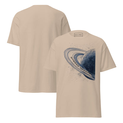 Beige t-shirt with graphic of blue planet. Plain back also shown.